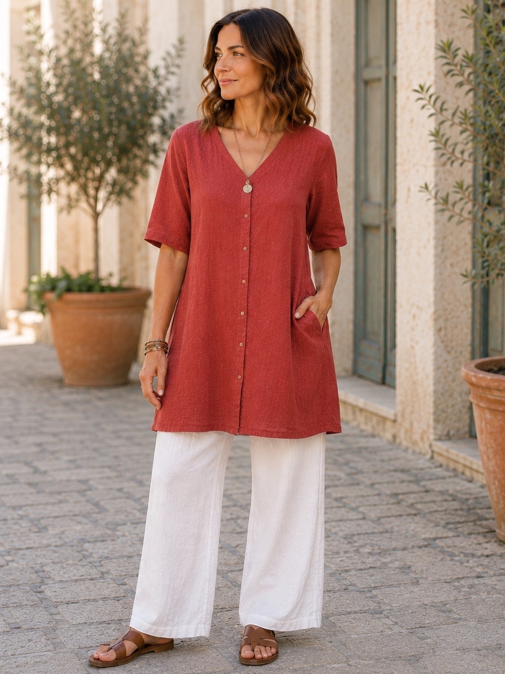 Spighe Di Lino Red Linen Blend Tunic Top Button Front Pockets Italian Lagenlook